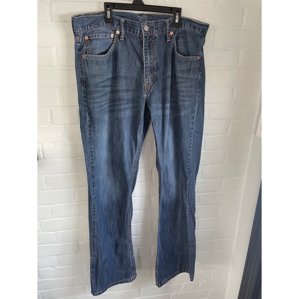 Levis 527 Slim‎ Bootcut Jeans Mens 36x32 Blue Denim Medium Wash Distressed Hem